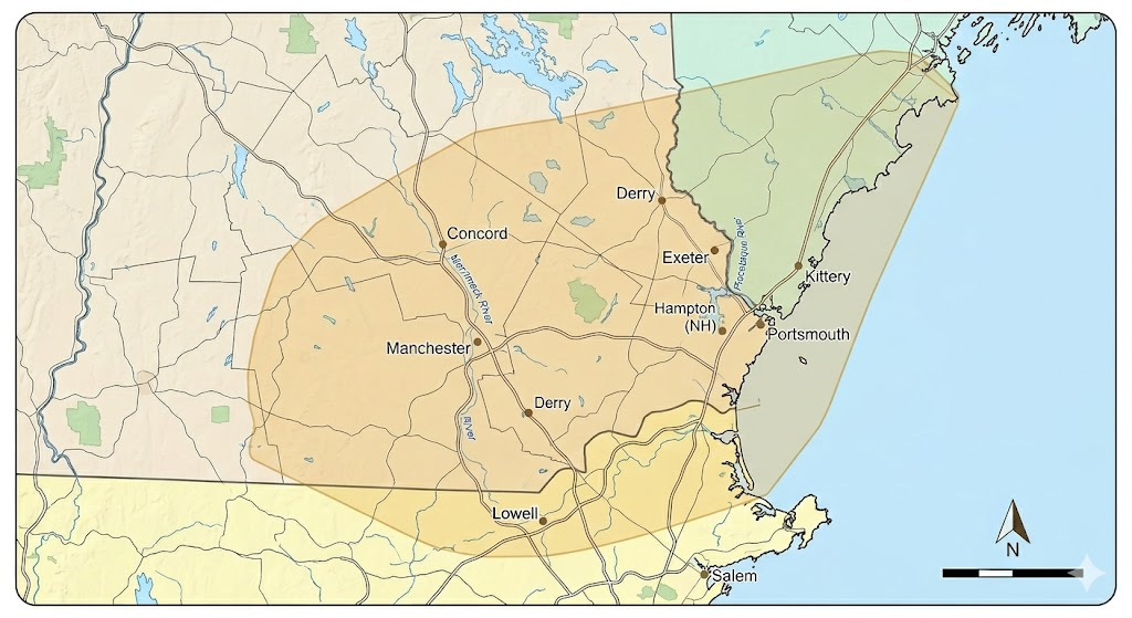 Service area map: southern New Hampshire, the Seacoast, southern Maine, and northeastern Massachusetts. Amber shading shows typical coverage; Concord, Manchester, Portsmouth, Lowell, and nearby towns are labeled.